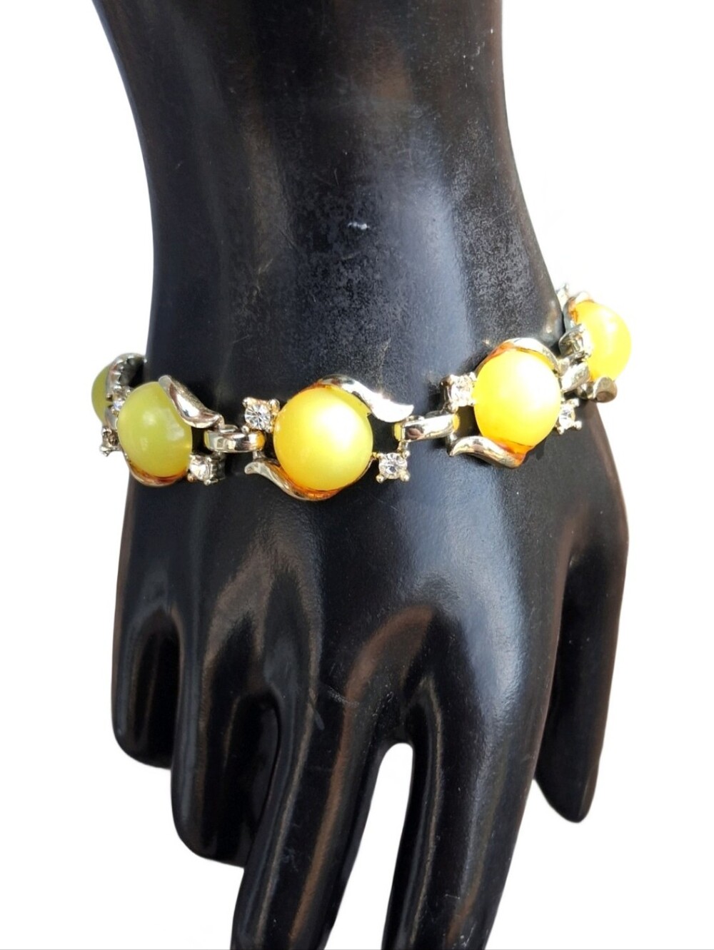 Vintage Coro Lemon Yellow Lucite Cabochon Rhinestone Bracelet Silver Tone